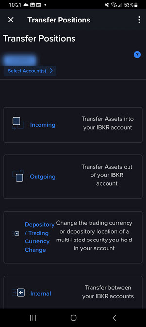 The transfer positions page on the Android Phone